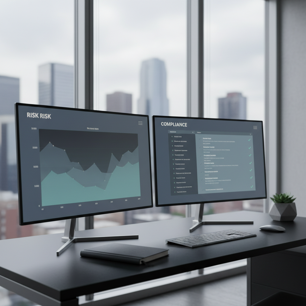 A neatly arranged executive desktop featuring two large, ultra-thin monitors displaying a risk heat map on one screen and a compliance checklist on the other, both rendered in muted corporate blues and grays. The matte black desk surface holds a closed charcoal-gray notebook, a minimal silver keyboard, and a small, geometrically shaped concrete planter with a low-maintenance green succulent. Behind, a blurred city skyline is visible through floor-to-ceiling windows with clean metal frames. Soft overcast daylight fills the room, producing an even, low-contrast illumination with delicate reflections on the monitors. Captured from a slightly elevated, three-quarter angle with a shallow depth of field, the monitors are in crisp focus while the skyline gently recedes. The atmosphere is focused and analytical, conveying strategic oversight in a clean, modern photographic style.