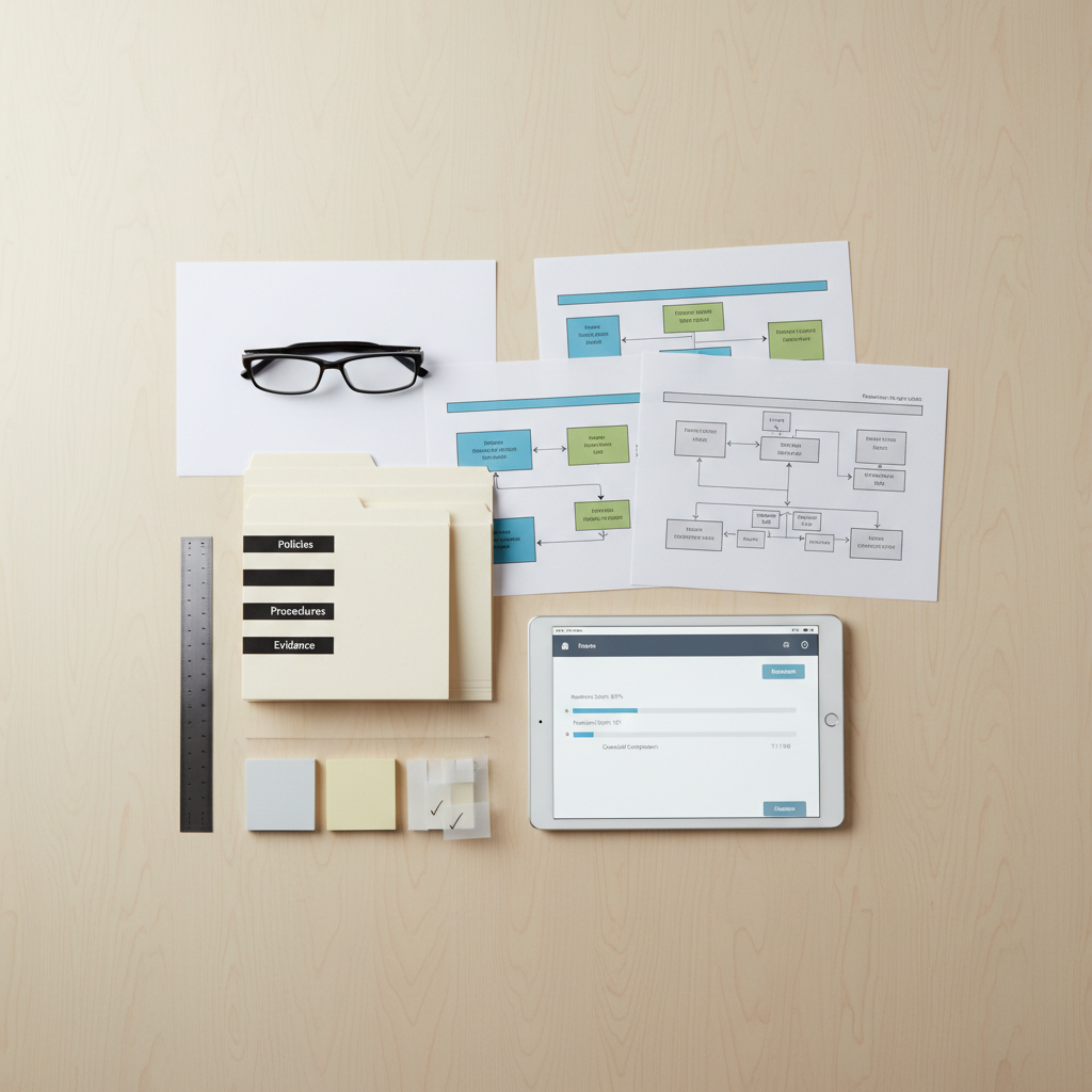 A structured flat-lay composition of printed audit preparation materials spread across a smooth, light-wood table: color-coded flowcharts, process diagrams, and a neatly stacked set of labeled folders reading “Policies,” “Procedures,” and “Evidence.” A slim tablet lies near the center, displaying a dashboard with readiness indicators and checklist progress bars in subtle blues and grays. A stainless-steel ruler, precision sticky notes, and a pair of minimalist reading glasses are aligned with careful spacing around the documents. Soft studio lighting from above creates gentle, uniform illumination, reducing harsh shadows while giving the papers slight dimensionality. Shot directly from overhead for a bird’s-eye view, the image is sharp edge-to-edge, emphasizing order, thoroughness, and methodical planning in a clean, corporate photographic realism aesthetic.