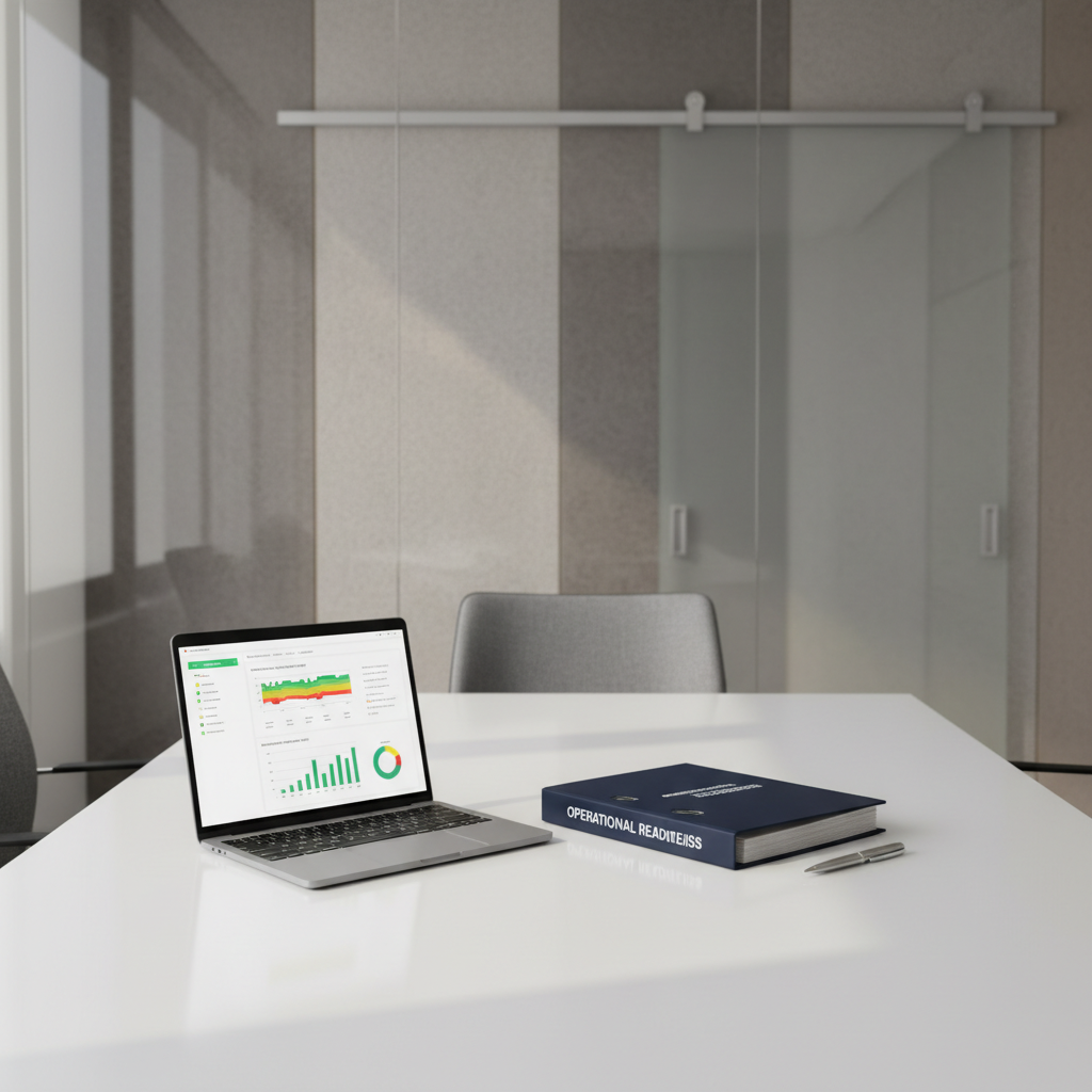 A meticulously organized glass-walled conference room in a modern corporate office, with a large matte white table at the center holding a precisely aligned trio of objects: a slim silver laptop displaying a clean dashboard of compliance metrics, a navy-blue hardcover strategy binder labeled “Operational Readiness,” and a polished metal pen placed parallel to the binder’s edge. Neutral-toned acoustic panels and a frosted glass door form the backdrop. Soft, diffused daylight enters from an unseen window, creating gentle reflections on the tabletop and subtle shadows along the objects. Photographed at eye level with a slightly wide-angle lens, the composition follows the rule of thirds, maintaining sharp focus throughout. The mood is professional, calm, and structured, emphasizing clarity and corporate discipline in a photographic realism style.