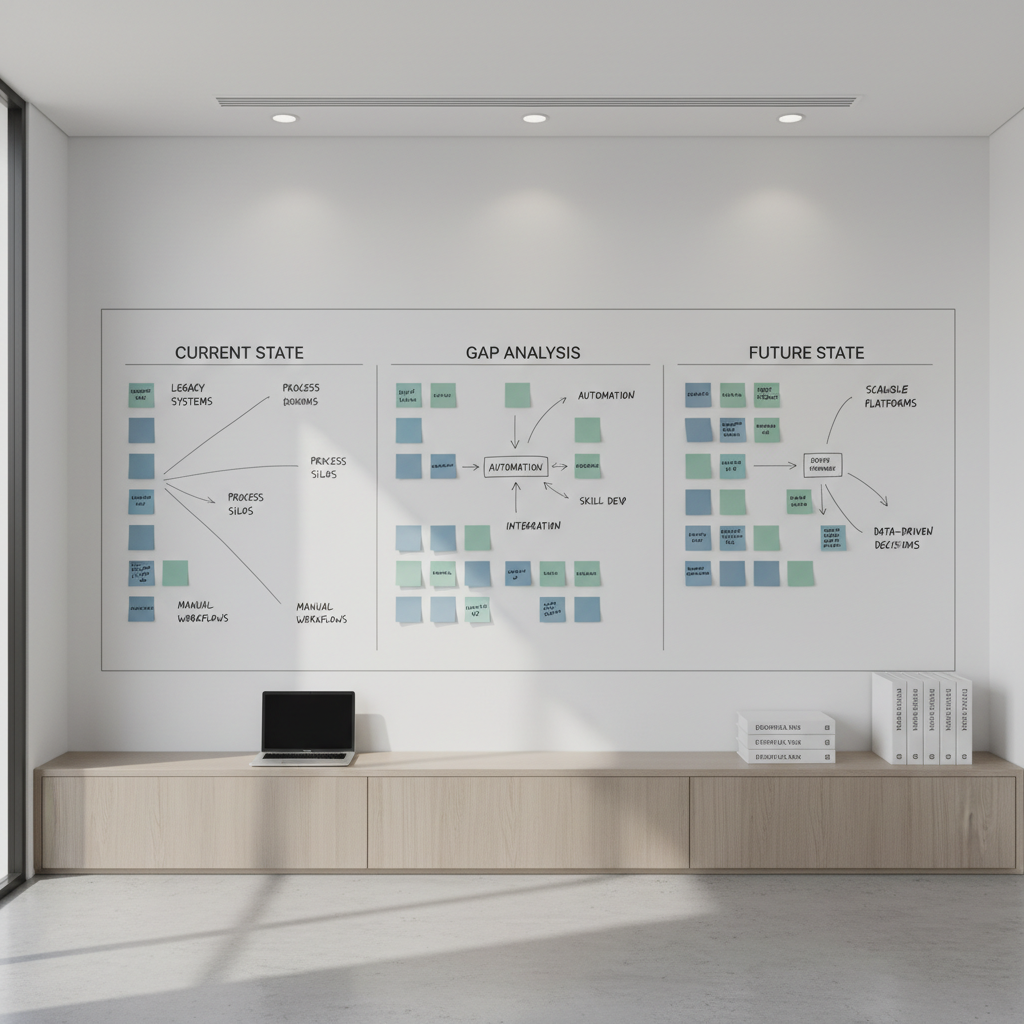 A dedicated strategy wall in a minimalist office, featuring a large, frameless whiteboard divided into three neatly labeled sections: “Current State,” “Gap Analysis,” and “Future State.” Within each section, structured diagrams, arrows, and color-coded sticky notes in muted blues, grays, and soft greens map out a transformation plan for an organization. Beneath the whiteboard, a slender light-wood credenza holds a closed laptop and a tidy stack of compliance manuals. Indirect ceiling lighting and subtle daylight from a side window combine to create soft, evenly distributed illumination, casting faint, controlled shadows. The scene is captured from a straight-on eye-level perspective with balanced composition, allowing the whiteboard’s structure to dominate the frame. The mood is focused and forward-looking, embodying methodical improvement and alignment in a modern, corporate photographic style.